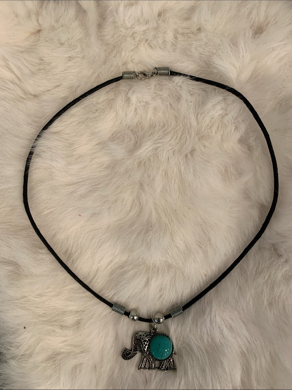 Turquoise Accent Elephant Pendant Necklace on Black Cord
